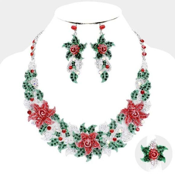 Christmas Flower Collar Evening Necklace Earring Ring Set NWT - Picture 1 of 9